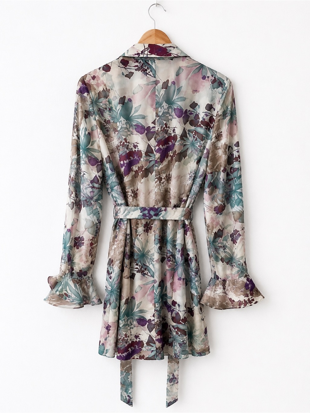 Linda Allard for Ellen Tracy 100% Silk Floral Belted Trench Jacket Duster Small - Picture 3 of 6